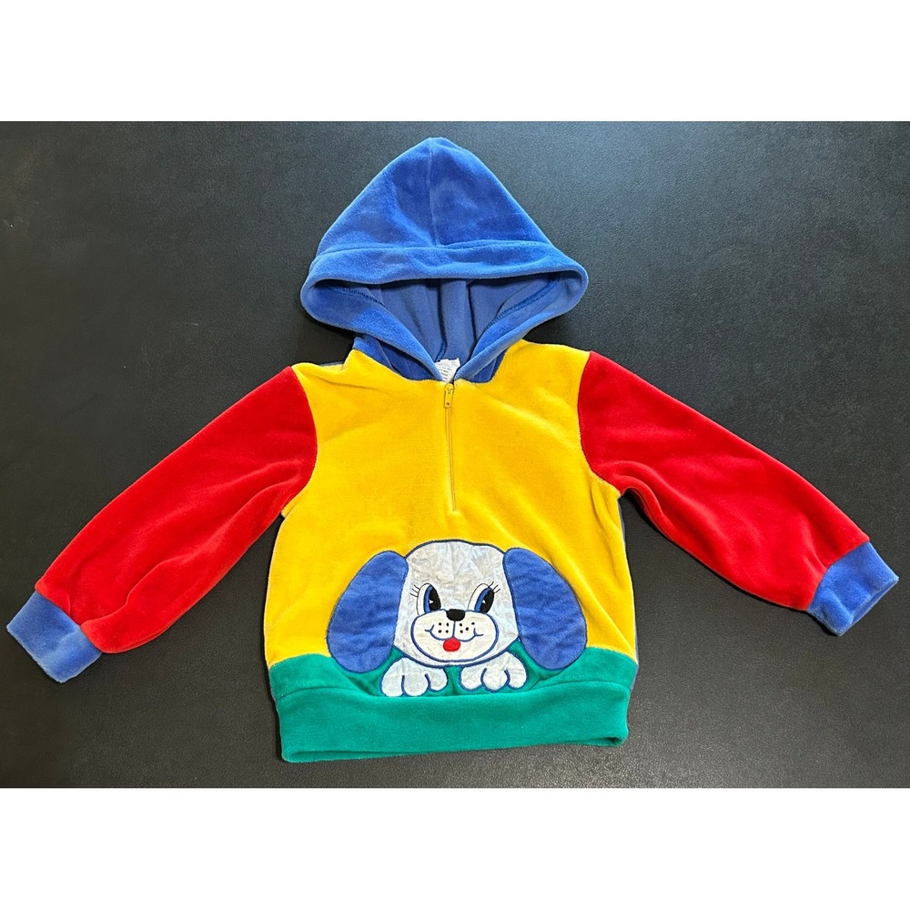 VTG 90s Colorblock Puppy Pocket Velour Hoodie Kids 24 Months Primary Color Retro